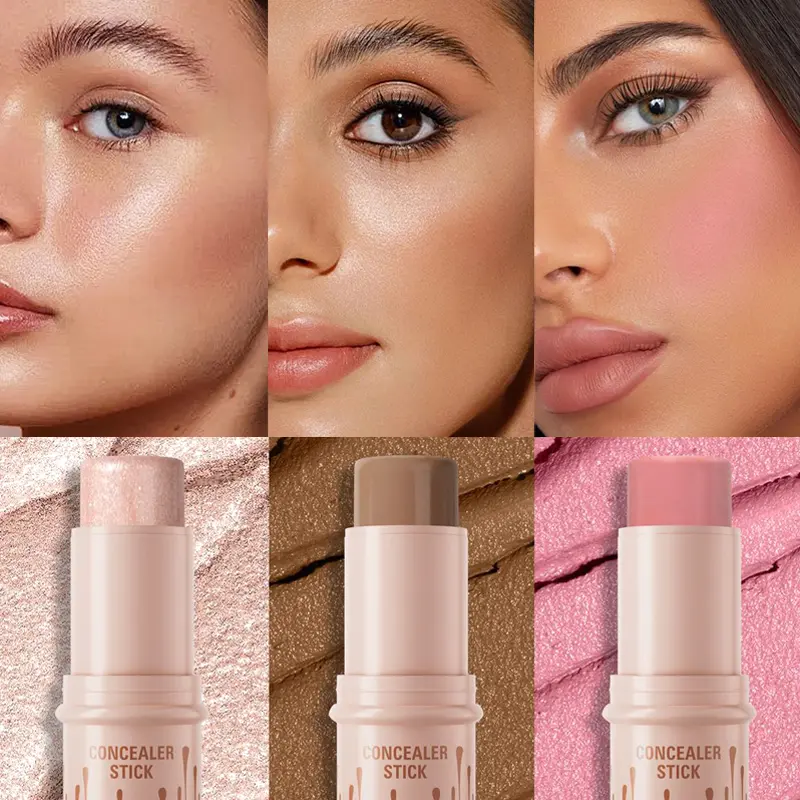3PCS Long-lasting concealer stick, 3 highlighters, sweat and transfer, blush and contour Lightweight waterproof formula for women and girls - bronzer makeup, durable cosmetic charm A（02#+08#+10#)