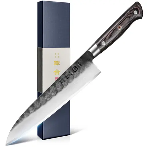 KanngouSaku Japanese Full-Tang Gyuto Chef Knife - AUS-8 Steel Black Forged Curved Tip Blade, Ergonomic Pakkawood Handle, Gift-Box Ready, Classic Durable Professional Dad Gift, Knife Block Not As Ad, Meat Carving, Christmas, Thanksgiving, Wedding