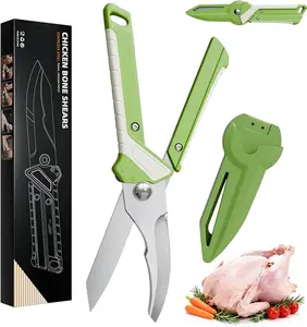 Professional kitchen chicken bone scissors, scissors, knife three in one, with anti-slip handle and switch slider. With a built-in magnetic sheath Can be used to cut meat, turkey, fish, and vegetables. Scissors and knife can be flexibly switched.