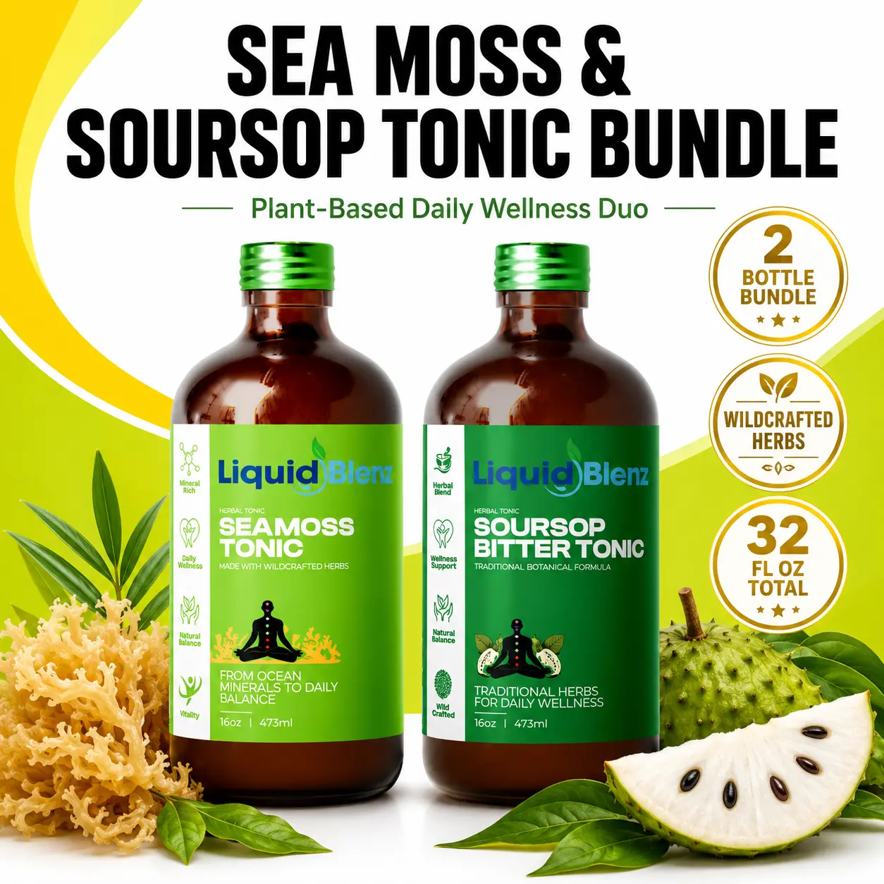 Soursop & Sea Moss Bitters Bundle | Herbal Liquid Tonic with 65+ Botanicals  Soursop, Sea Moss, Moringa, Black Seed & Ginger | Non-GMO, Vegan, USA-Made (2x 16 fl oz)