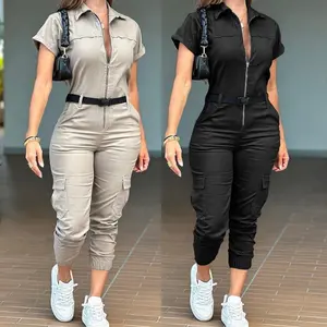 2025 New Women's Fashion Zipper Jumpsuit Short Sleeve Lapel Multi-Pocket Belt Jumpsuit