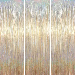 3 Pack 3.3 x 6.6 ft Champagne Foil Fringe Backdrop, Tinsel Streamers Party Decorations, Fringe Backdrop for Birthday, Photo Booth Props for Bachelorette, New Years Eve Party Supplies
