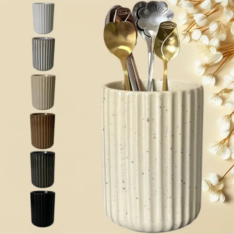 Speckled Beige Fluted Stoneware Coffee Bar Utensil Holder - Tabletop Storage for Tea Spoons, Stir Sticks, Straws, Small Utensils for Tea & Coffee Lovers (No Redundancies), Fluted Shape