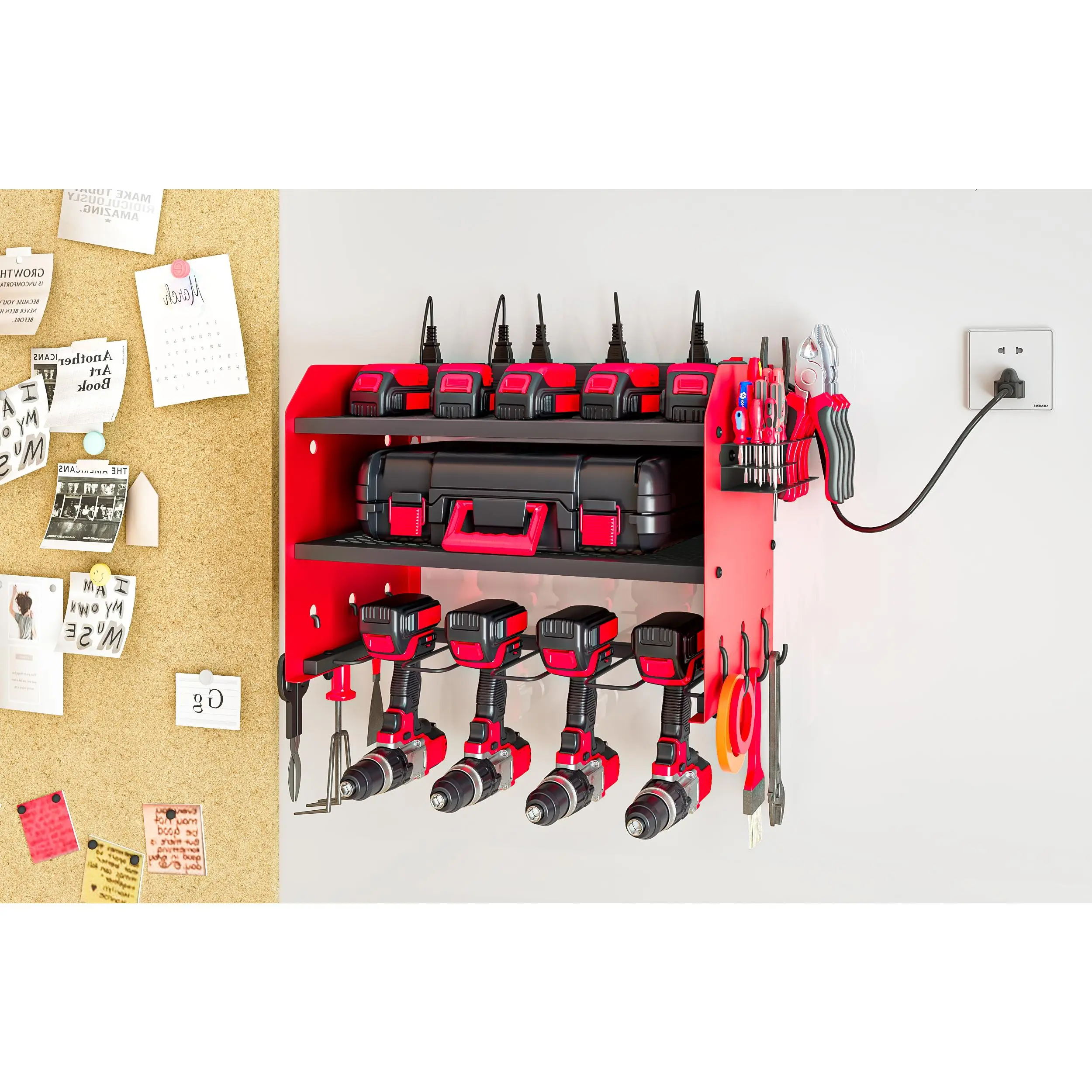 SUOERNUO Wall-Mount Power Tool Organizer with Charging Station, 3-Layer Heavy-Duty Metal Storage Rack, 4 Cordless Drill Holders & 8-Outlet Power Strip – Father's Day Gift Idea for Him, Unique Dad Birthday Gift, Mens Gifts