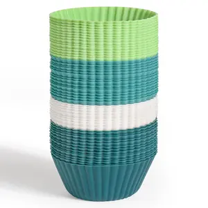 Selizo Silicone 54 Pack Reusable Muffin Liners Cupcake Holders Navy, Gray Blue, Green, White for Muffins, Cupcakes & Candies - Tin