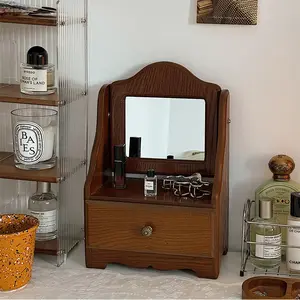 Rotatable Makeup Mirror Desktop Organizer Box, French Vintage Wooden Vanity Storage, Bedroom Desk Accessory, Unframed Edge Grinding Design