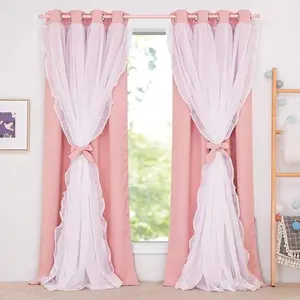 1pc Romantic Ruffled Blackout Curtain, Window Curtain, Elegant French Style Drapes, Dual Layer Coverage, Home Decor, Living Room & Porch Decoration