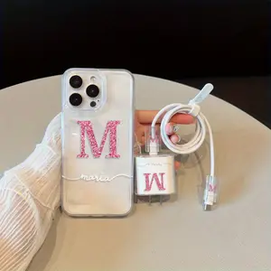 5 Piece Set Transparent Personalized Initial Pattern Phone Case, Charger Head Cover, Cable Protector, Storage Rope, Anti-Drop Tpu Shell for iPhone