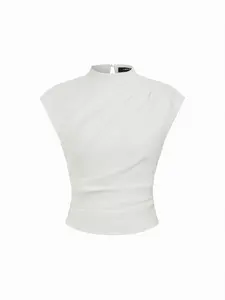 Cider Woven Stand Collar Ruched Crop Blouse