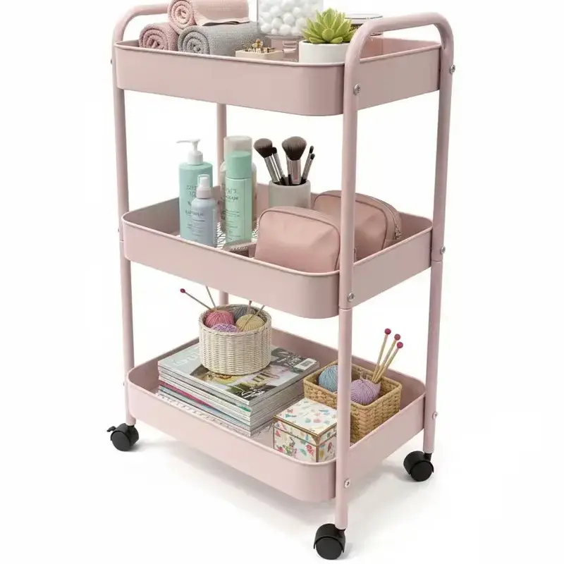3-Tier Rolling Storage Cart, Viral Multifunctional Utility Organizer Rack, No Assembly Needed, Space-Saving Storage Shelf for Kitchen, Bathroom, Bedroom, Office, Laundry & Garage (Pink)