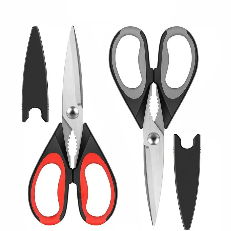 2pcs Heavy-Duty Spring-Handled Stainless Steel Multi-Cutting Kitchen Scissors Set with Protective Sheath - Dishwasher-Safe Cooking Utensils for Meat, Poultry - Home Kitchen Accessories, 2 Piece Sets