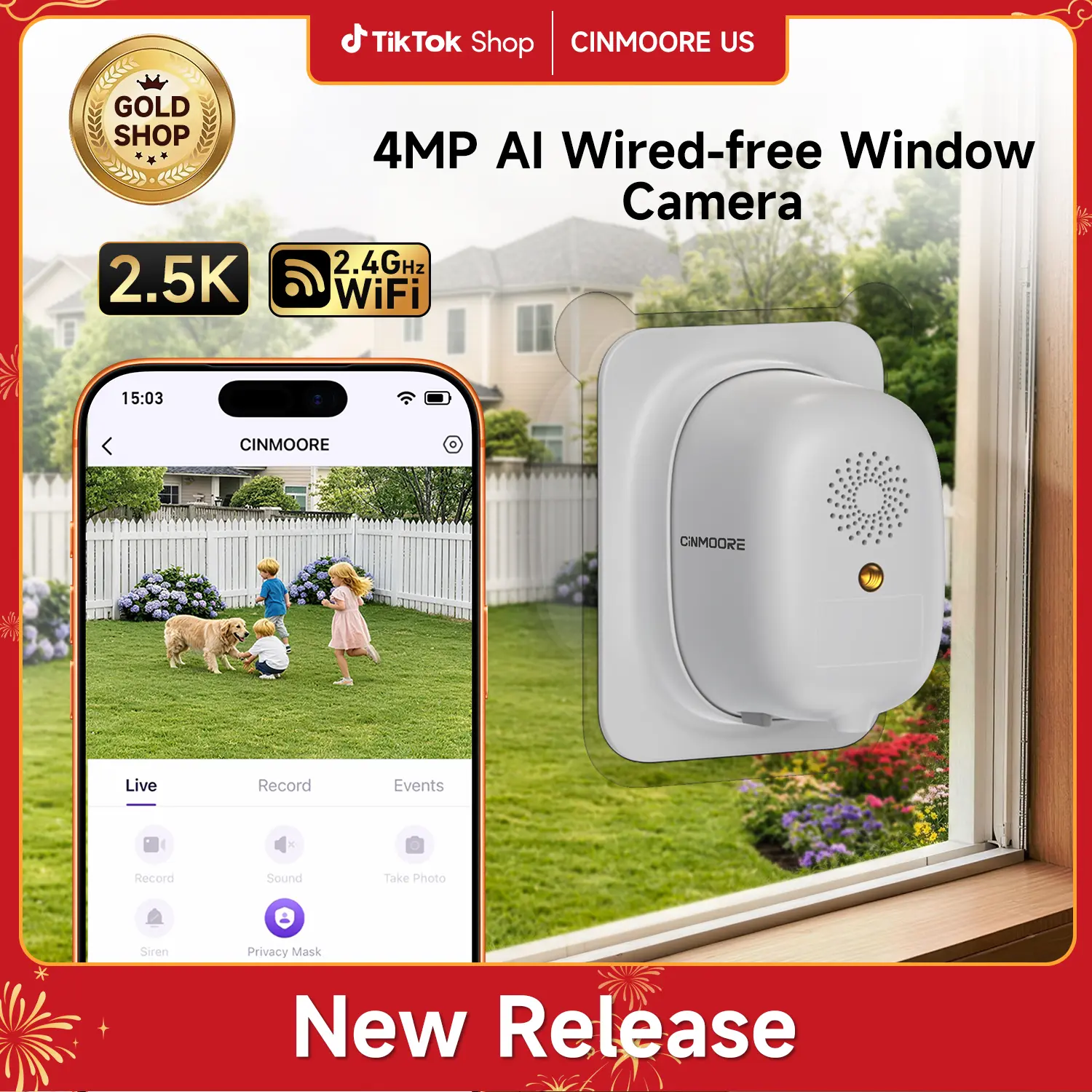 CINMOORE Wireless Window Security Camera 4MP 2.5K , Indoor WiFi Cameras 2.4GHz WiFi with  Cinmoore  AI Color Night Vision,Person & Motion Detection,24/7 Recording,Easy & Quick Install,SD Card&Cloud Device