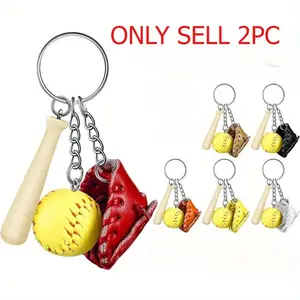 Mini Wooden Baseball Keychain Set, Girls Team Gift, Softball Party Favors, 2 Piece Ball Bat Hanging Accessory, Keychain Parking Key