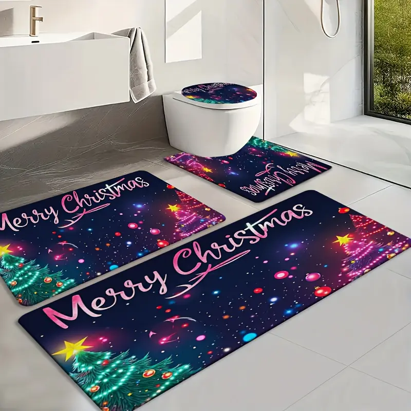 2D Flat 3/4Pcs Dreamy Christmas Night Scene Print Bathroom Mat Set, Soft Flannel Non-Slip Water Absorbent Bath Rug, Toilet Lid Cover & U-Shaped Contour Mat, Washable Holiday Home Decor Carpet for Family Bathroom, Shower Room,piece,floor
