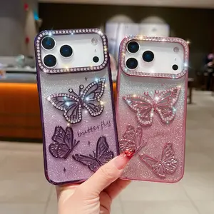 INS Diamond-Encrusted Butterfly Phone Cases: Suitable for iPhone 17 Air (with electroplated hollow-out butterfly design), iPhone 16 /14 (with 3D butterfly design), iPhone 15 Pro; also for iPhone 13/12/11 (high-end sparkling diamond style)