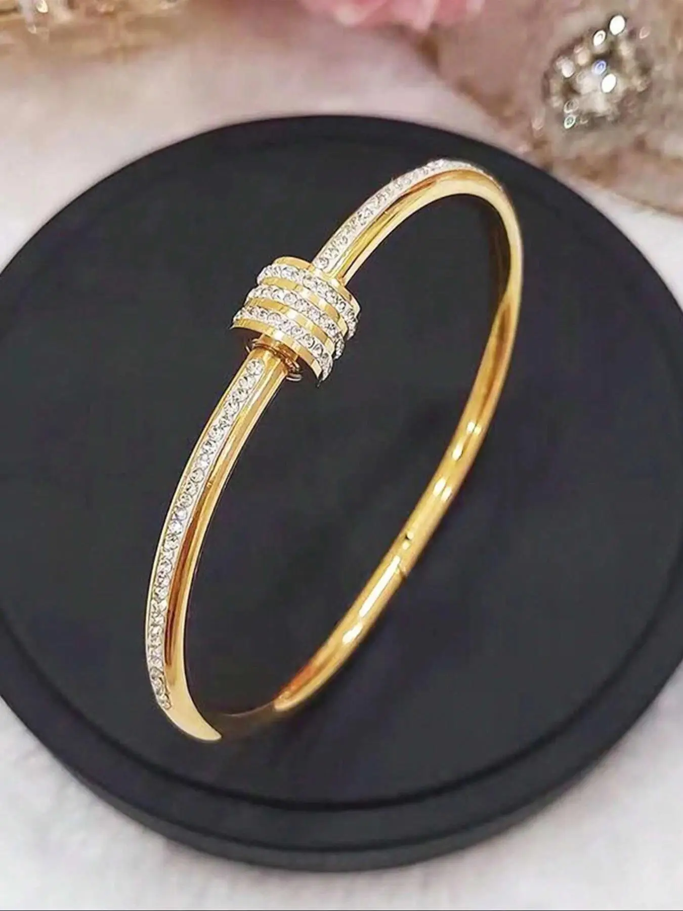 Elegant Rhinestone Decorated Stainless Steel Bangle, Fashionable Rotatable Design Bangle For Women, Luxury Gorgeous Jewelry For Girls Gift, Valentine'