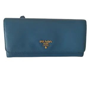 Pre-owned PRADA Wallet Small Leather Goods womens blue saffiano leather long authentic with COA