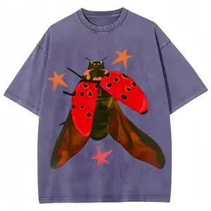 Sparkling Ladybug Unisex Vintage Washed Tee| Oversized Distressed Colorful T-Shirt| Nature Theme Streetwear