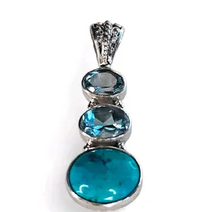 Blue Topaz And Turquoise Natural Stone Pendant 925 Sterling Silver
