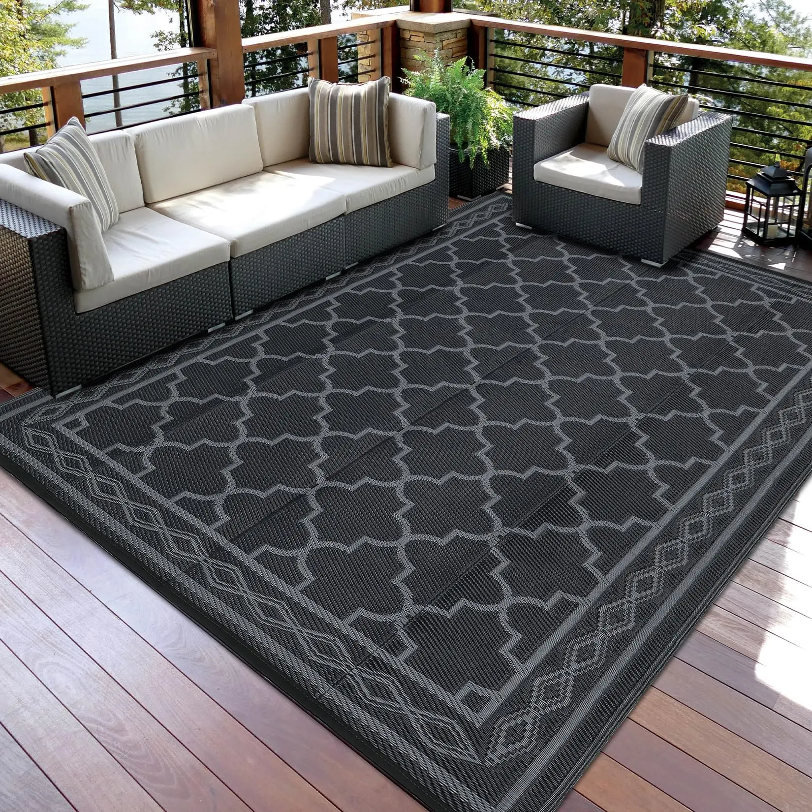 10x14 Outdoor Rug, Waterproof Reversible Patio Carpet, Moroccan Print Camping Rug, Geometric RV Mat for Deck, Balcony, Picnic & Beach, Black/Gray