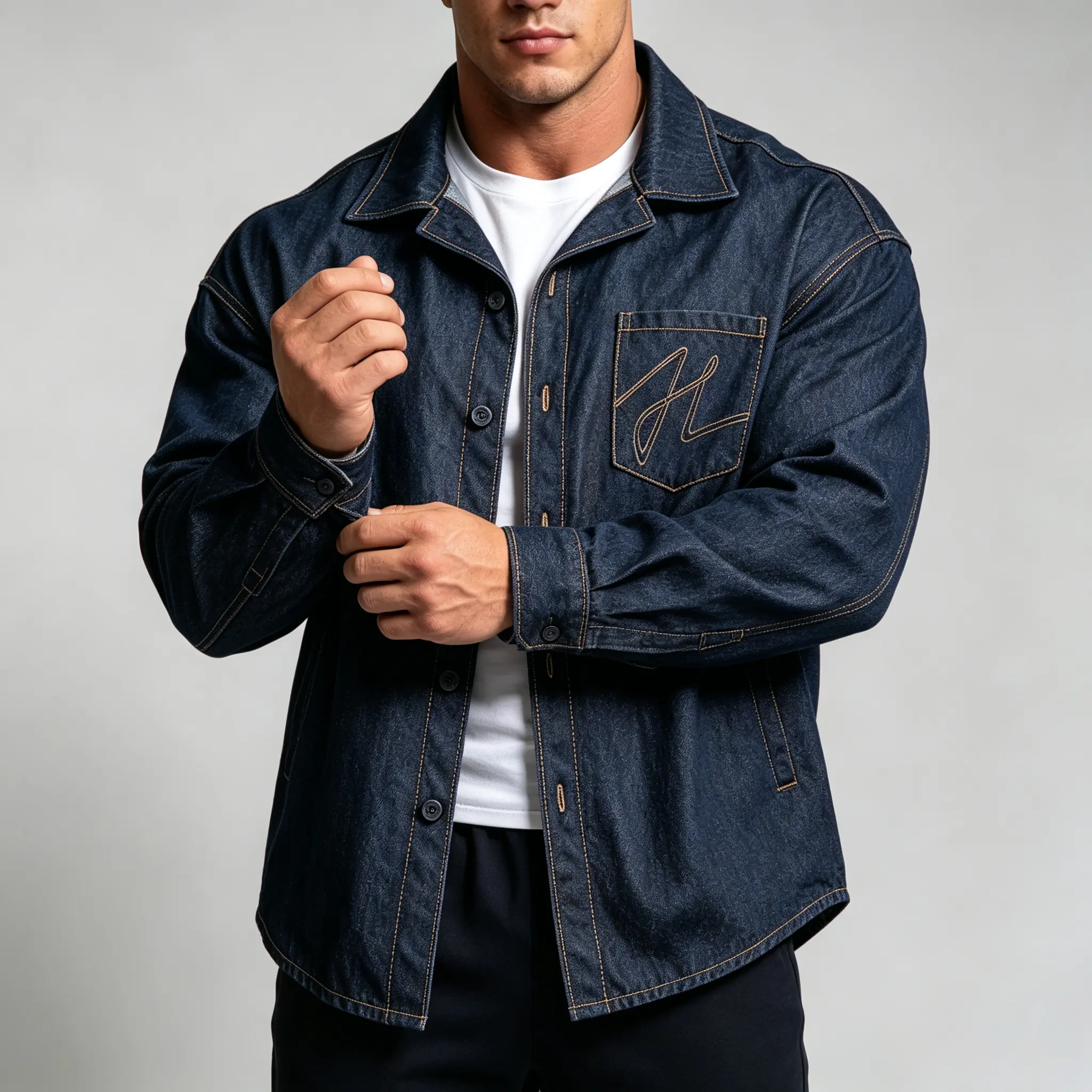 Men's Vintage Washed Embroidered Pocket Denim Shirt Jacket - Minimalist Menswear, Loose Drop-Shoulder Lapel Long-Sleeve Cargo Workwear, Outdoor Vibe Versatile Casual Top, Streetwear