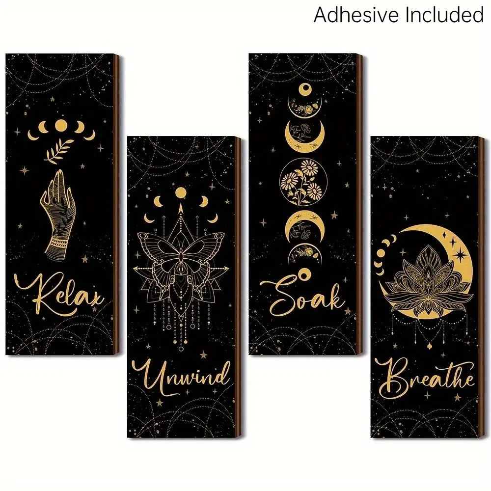4pcs Wooden Wall Art, Home Decor Accessory, Indoor Decoration, Decoration Items - Rustic Boho Moon Phases Wall Decor for Bedroom and Living Room - Farmhouse Bathroom Decoration and Holiday Party Decor, Decorative Wall Art