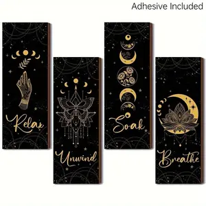 4pcs Wooden Wall Art, Home Decor Accessory, Indoor Decoration - Rustic Boho Moon Phases Wall Decor for Bedroom and Living Room - Farmhouse Bathroom Decoration and Holiday Party Decor