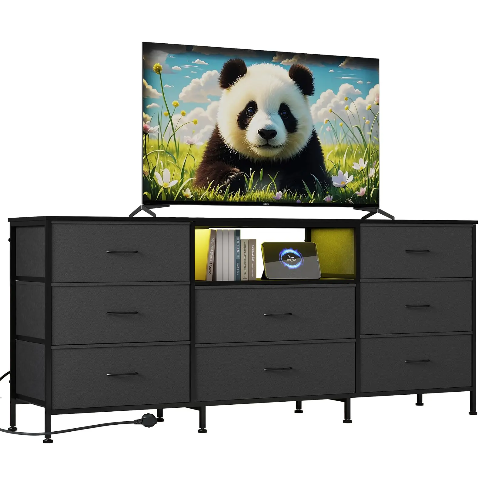 White Modern TV Console Cabinet - 2-in-1 Versatile Table Top Design, Steel Frame, Particle Board, Lights, Soundbar Compatible, 8 Fabric Drawers, Fits 65-75 Inch Screens, Adjustable Living Room Storage Racks, TV Stands for Living Room