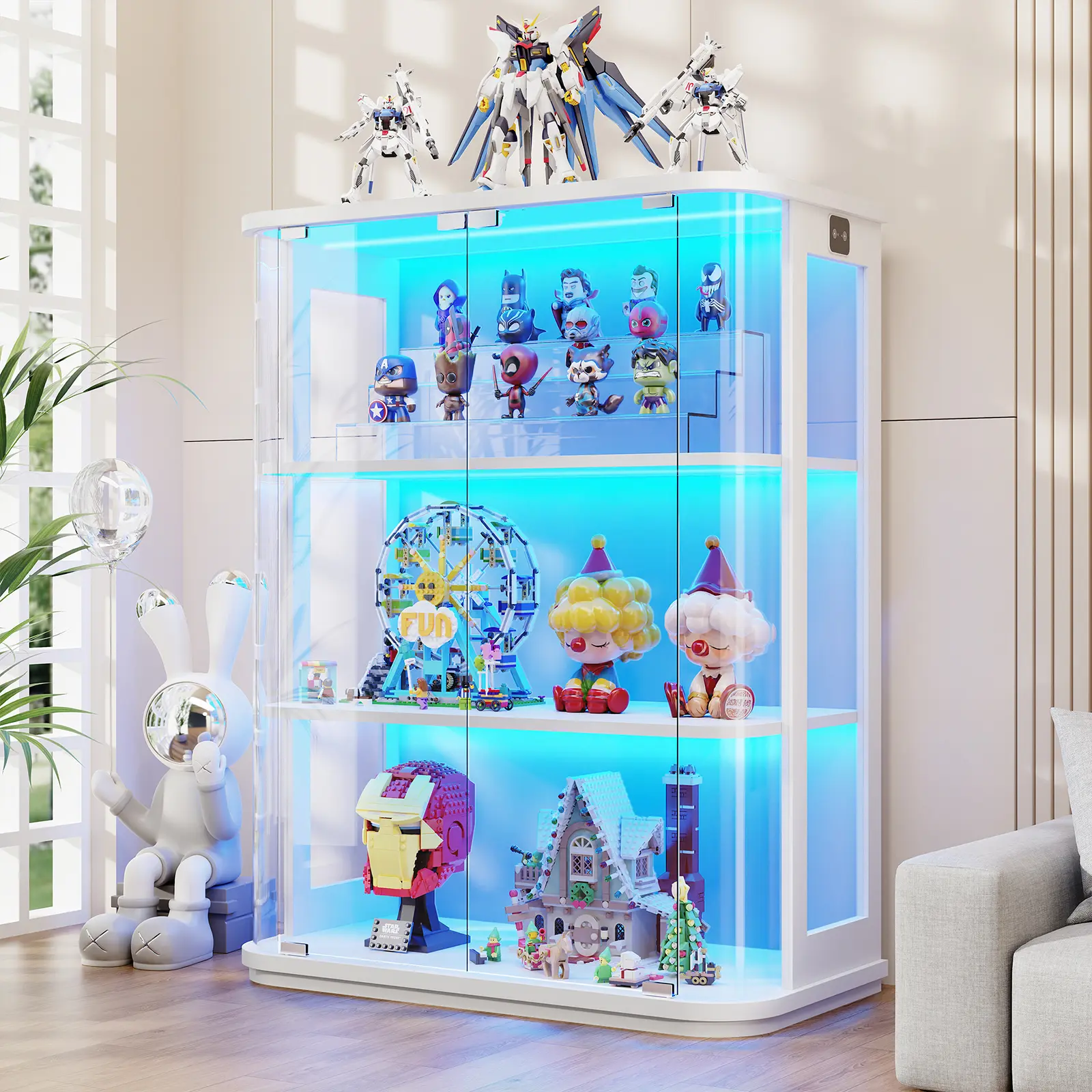 BROTTAR Rounded Display Cabinet with Glass Door, 3-Tier Curio Cabinet with 3 Color Lights for Collectibles, Glass Display Case with Transparent Full-Display Surface, Human Body Sensor, White/Black