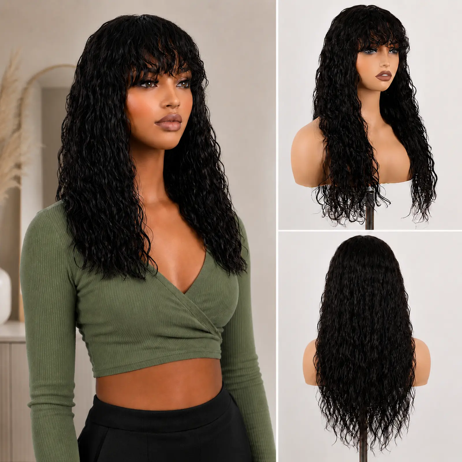 Wet & Wavy or Curly? Both!  24 Inch Glueless Wig with Bangs – No Lace, Just Wear & Go!  100% Virgin Brazilian Hair #wigtiktok #humanhairwig