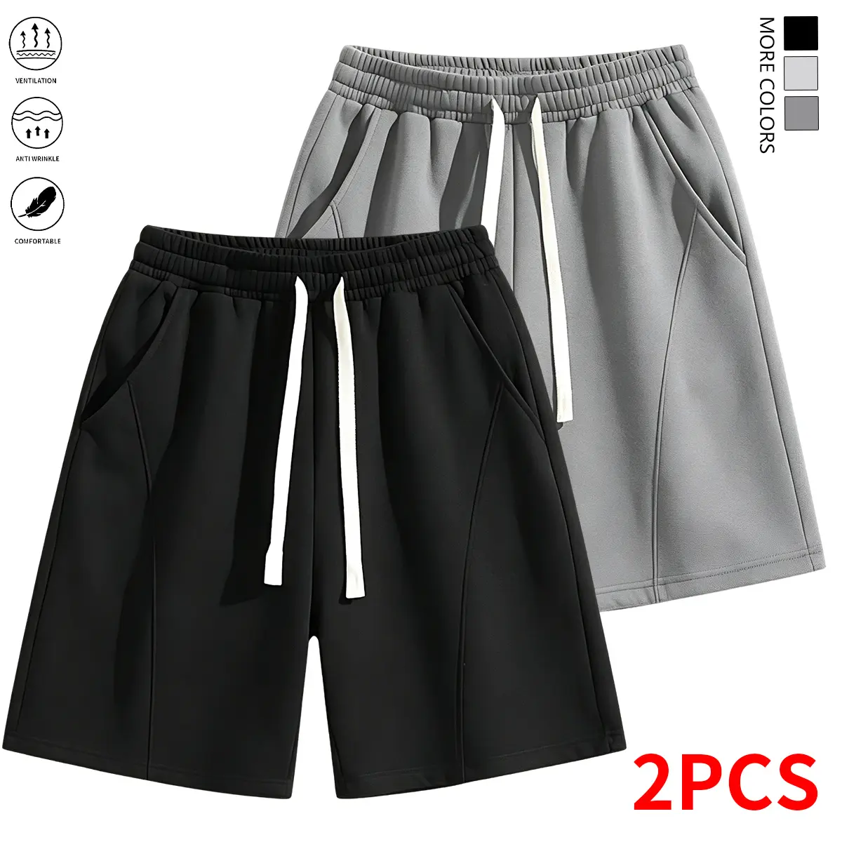 2-pack — Men’s new summer loose-fit casual cotton athletic shorts featuring a stretchy elastic waistband with drawstring adjustment, side pockets for convenient storage; breathable, sweat-wicking, soft, and comfortable—ideal for workouts, outdoor activiti