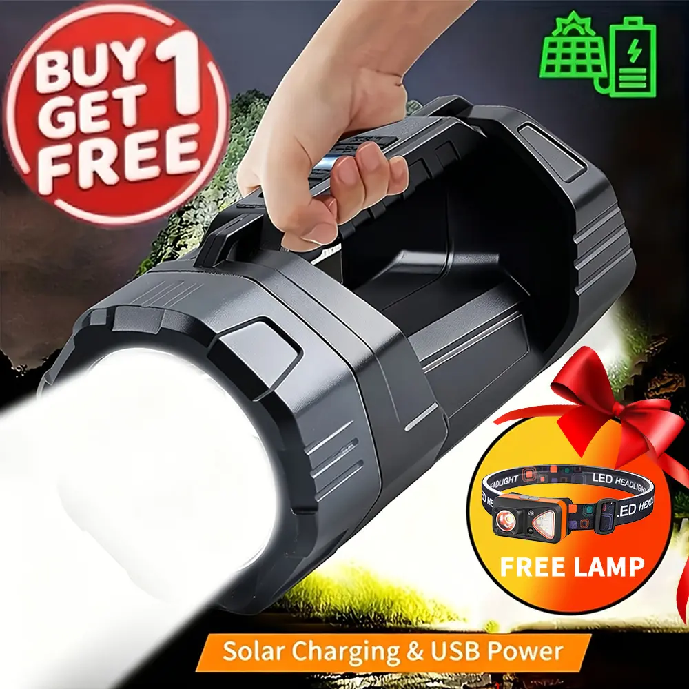 Multifunctional Solar LED Flashlight - 3W Power, COB Side Light, 6 Lighting Modes, USB Charge, ABS Plastic Handheld Searchlight with Battery Level Display, Portable Emergency Lantern for Camping, Hiking Gear, Includes 1 Headlamp