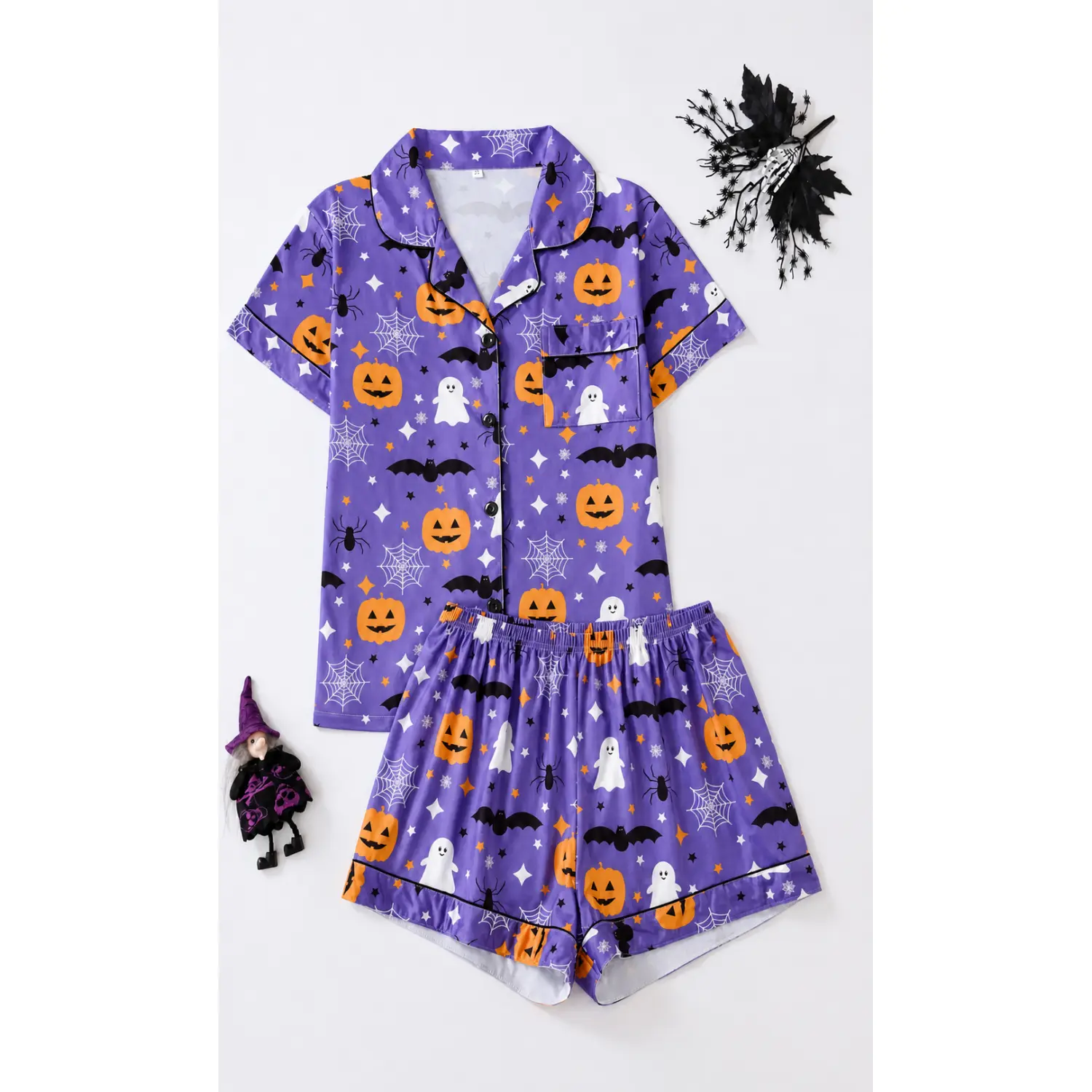 Women's Halloween Pajama Set - Pumpkin, Ghost, and Spider Web Print, Silky Soft Fabric, Relaxed Fit, Short Sleeve Top & Pants