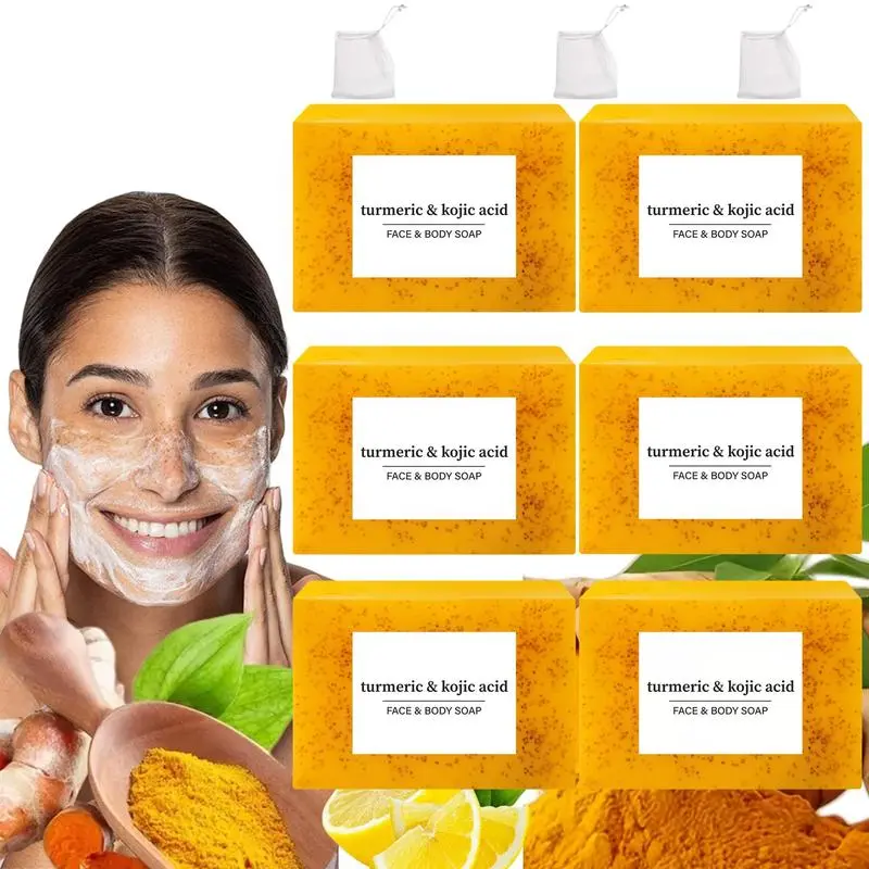 Lemon Turmeric Soap with Kojic Acid, Retinol & Shea - Acne Control Body Care Cleanser Bar for Men & Women, Daily Skincare Set with Soap Saver Bag, Christmas Gift