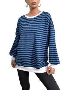[Clearance] Womens Oversized Striped Sweatshirt Crewneck Classic Color Block Long Sleeve Casual shirt Loose Pullover Tops Fashion Womenswear