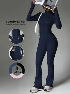 Women's High-End Yoga Set, Slimming Half High Neck Jacket + Peach Hip Lifting Tight Yoga Bell Pants, High Stretch Sports Breathable Outfits, Athletic Fashion Activewear