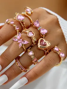 10 Piece Heart Butterfly Artificial Gemstone Ring Set, Artificial Zircon Ring, Elegant Everyday Ring, Alloy & Gemstone Jewelry Series, Women's Fashion Accessories, Party Gift, Stacking Ring Set, Jewelry Gifts
