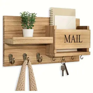 Simple Farmhouse Style Floating Shelf Wooden Wall Rack & Organiser for Mail Storage Keychains Entryway Decor with Hooks and Mail Slot