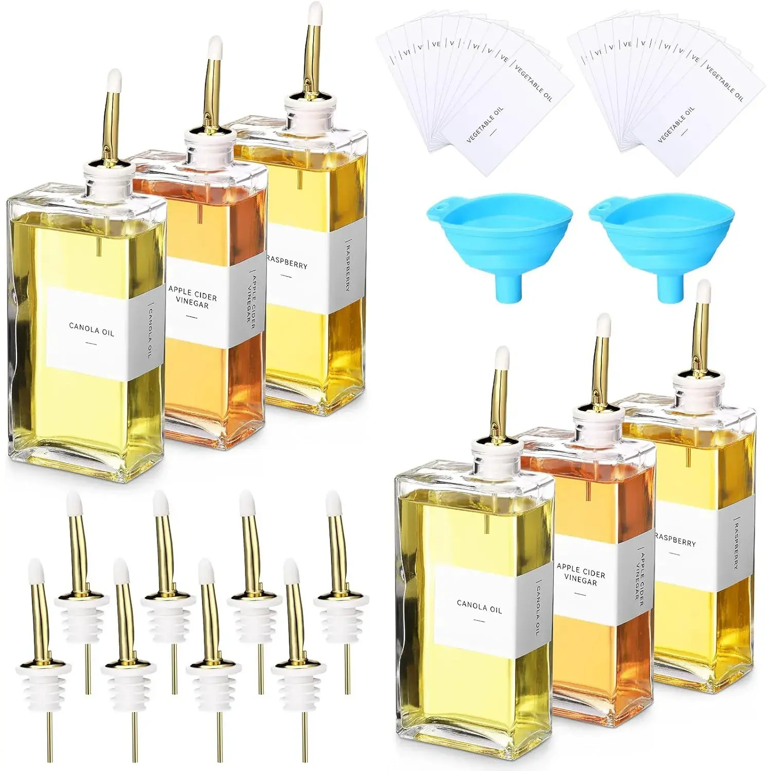 6-Set Reusable Vintage Glossy Rectangular Kitchen Oil Dispenser Bottles (350ml) with Nozzles, Funnel, Labels - Kitchen Utensils for Olive Oil, Vinegar, Coffee Syrup