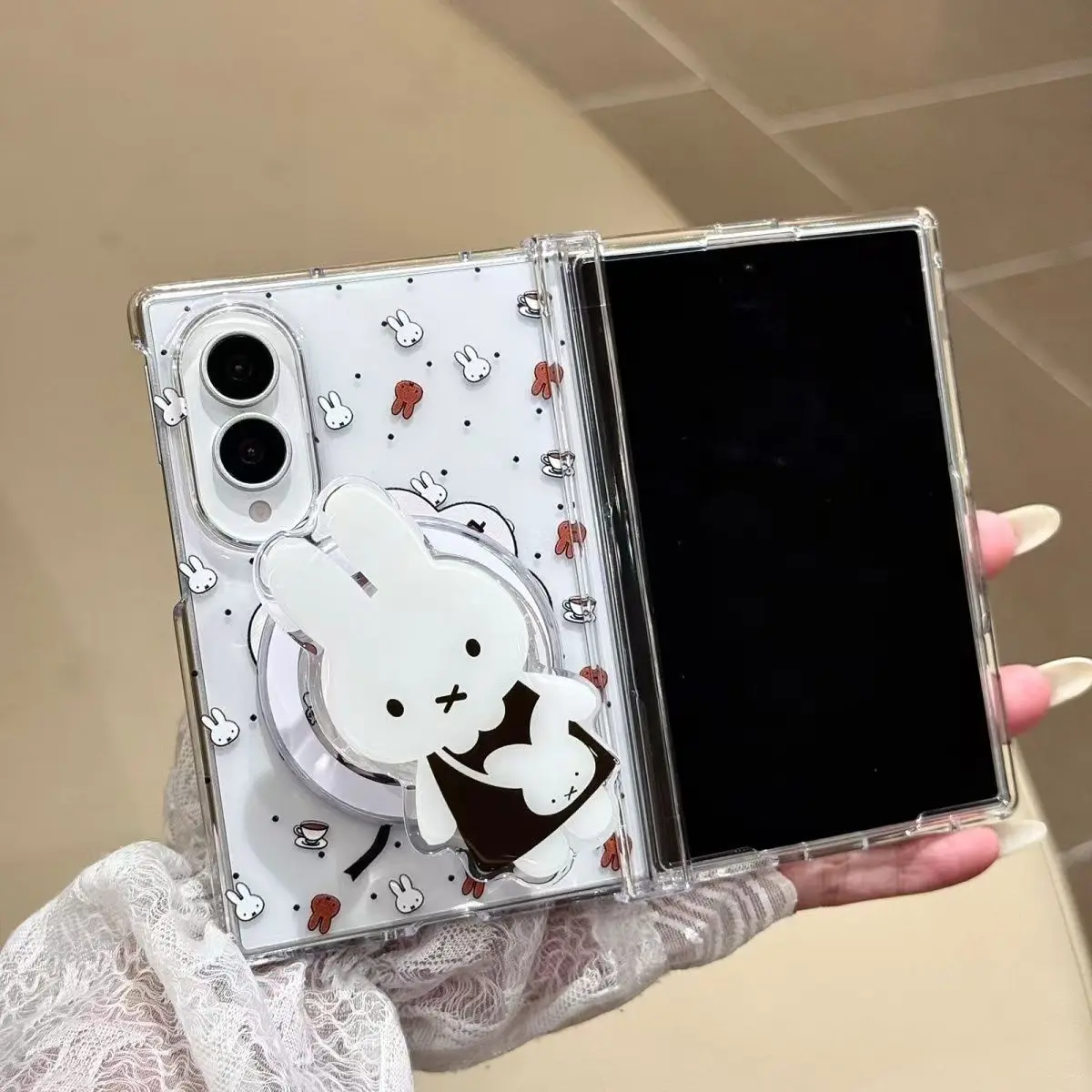 Cartoon Myfi Rabbit transparent magnetic phone case for Samsung Z Fold 8/Fold 7/Fold 6, full coverage, drop-proof