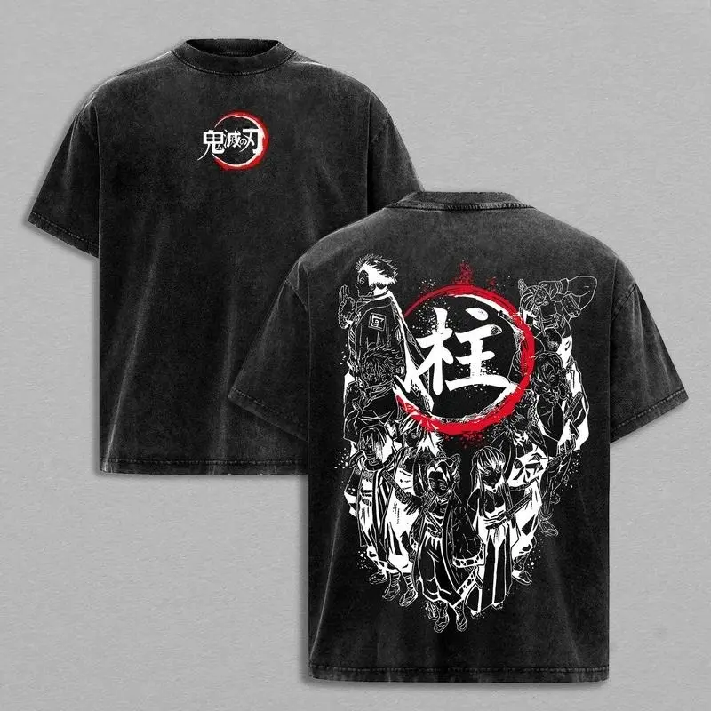 Men's Fitted Vintage Demon Slayer Hashira Anime Graphic T-Shirt - Washed Heavy Cotton, Oversized Round Neck, Short-Sleeve, Distressed Casual Streetwear Top, Cute, Party, Figure, Watch Party, Distressed Wash, Distressed Look, Figure Print