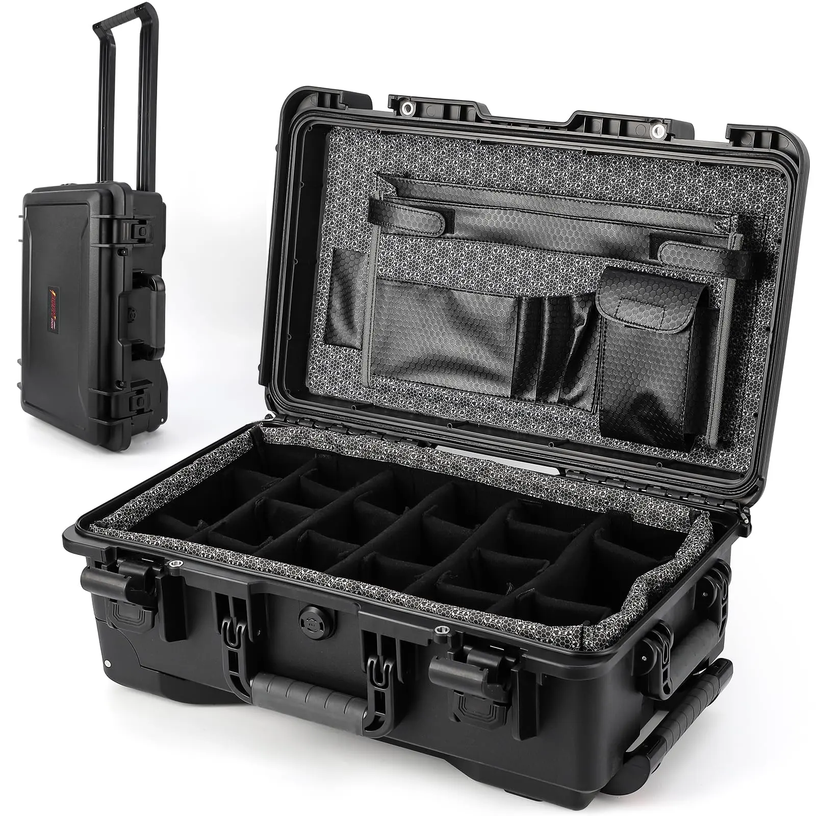 Heavy Duty Waterproof Camera Case for Diving & Water Sports – 22" x 14" x 9", Impact & Particulate Resistant, Padded Dividers, Wheels, Secure Travel Storage, Includes Document Bag & Camera Insert