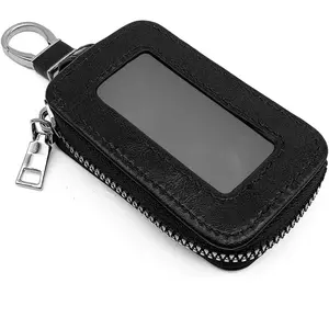 Universal Car Key Fob Bag, Smart Leather Key Protector, Remote Remote Key Fob with Metal Hook and Keyring Zipper for Men Women (Black)