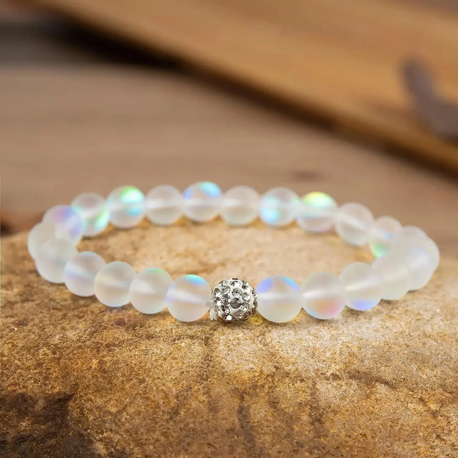 KROAFA Angel Aura Natural Quartz Bracelet, 8 mm Rainbow Crystal Stretch Bracelet, Handmade, Suitable for Men and Women for Everyday Use — Healing Bracelet to Relieve Insomnia