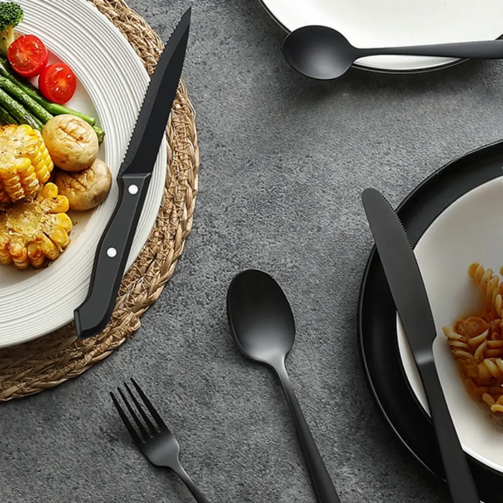 Adult 24-Piece Stainless Steel Cutlery & Tableware Set (Serves 4), BPA-Free, Chip-Resistant, Heat-Resistant, Black Dinner Forks, Knives, Spoons, Teaspoons, Steak Knives, Dishwasher Safe, Ideal for Hotels, Outdoor Gatherings