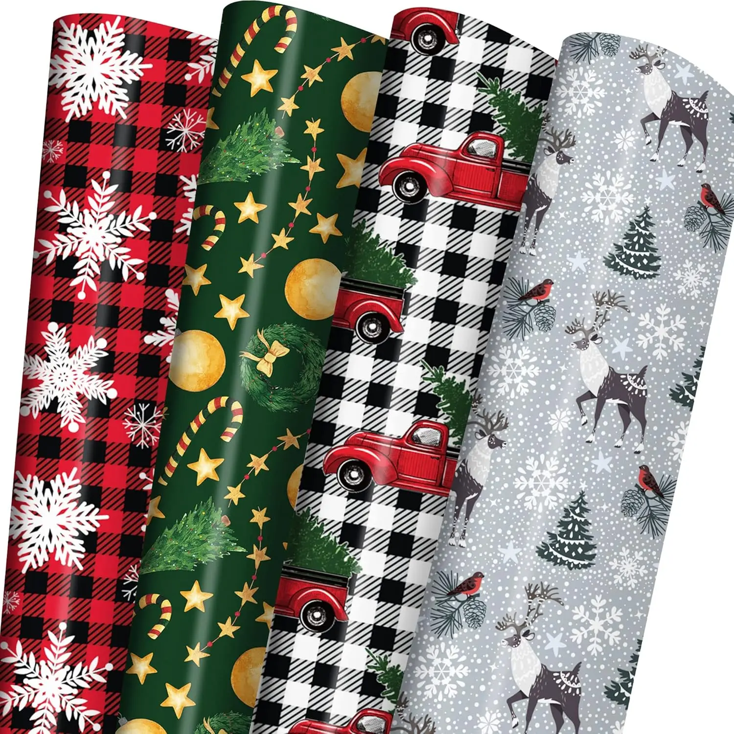 Glossy Christmas Wrapping Paper Jumbo Set - 6 Sheets (28×40 in) with Plaid Patterns Holiday Prints, Red & Black Truck, Black & White Striped Elk, Advanced Printing, Easy-to-Store Office Stationery Gift Supplies