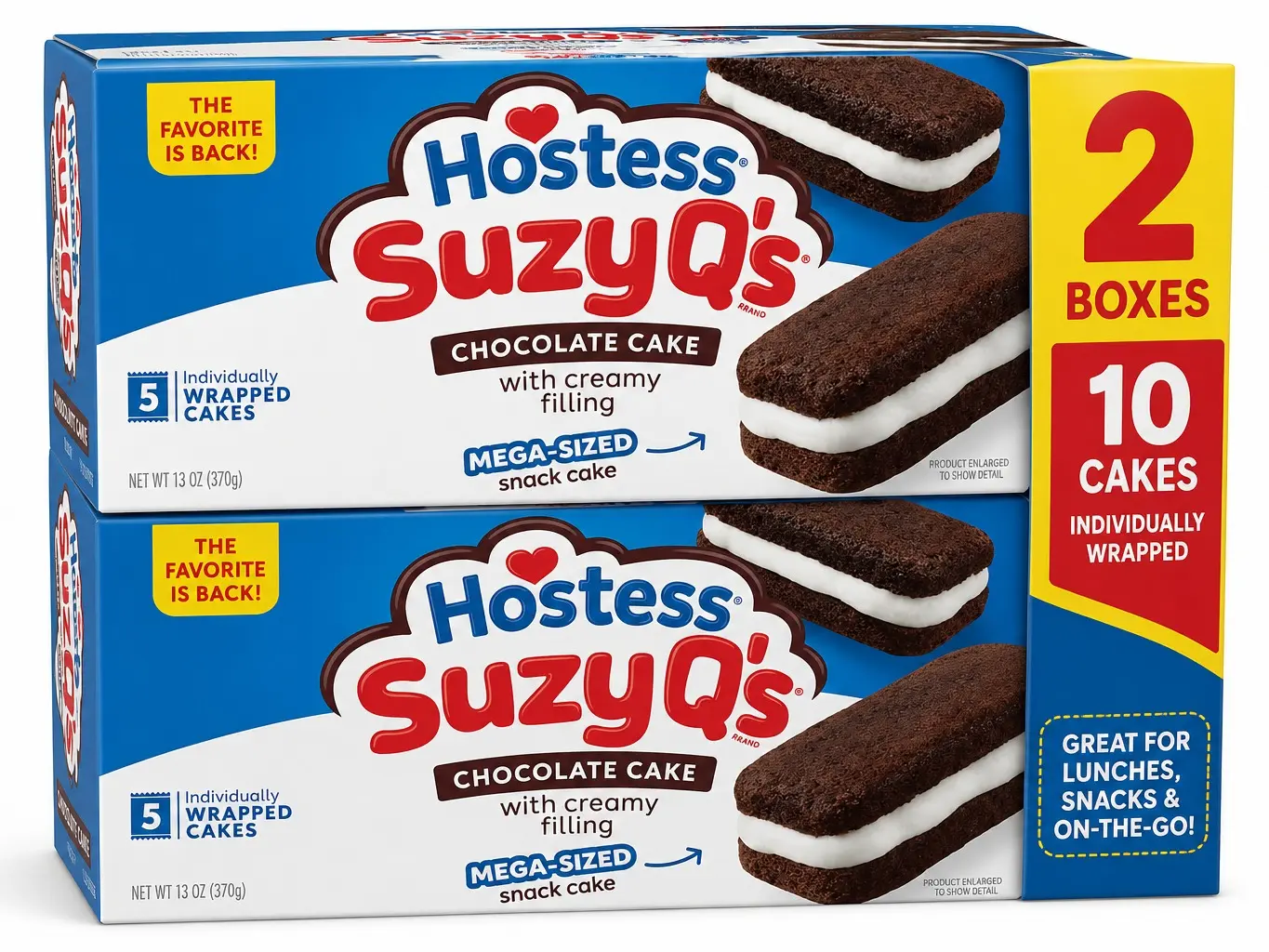 Hostess Suzy Q’s Chocolate Snack Cakes with Creamy Filling, 13 oz Box (Pack of 2), Sweet Dessert Snacks