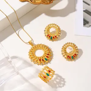3-Piece Jewelry Set for Women, Gold-Colored Alternative Retro Accessories with Sun God Garland Hollow Diamond Pendant, Alternative Jewelry Sets, Combo Jewelry Sets