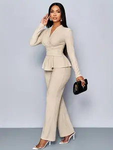Women's Apricot Color Elegant V-Neck Long Sleeve Asymmetrical Hem T-Shirt & Wide-Leg Pants Two Piece Set, Casual Daily Wear