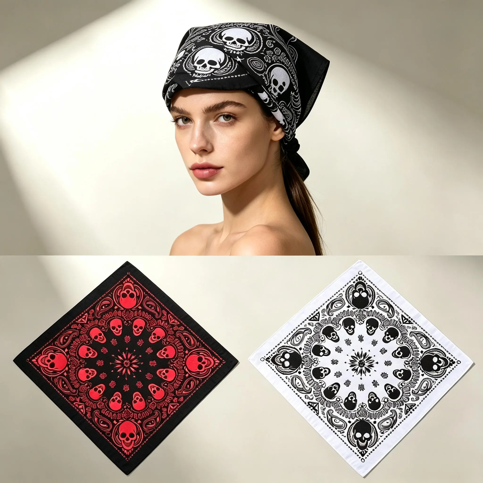 Men's Vintage Skull Graphic Bandana - 3-Color Unisex Hip-Hop Cotton Accessory, Scarf Head Wrap, Multifunction Hair Kerchief, Hand Wash, Father's Day Gift, Fashion Hair Scarves Women